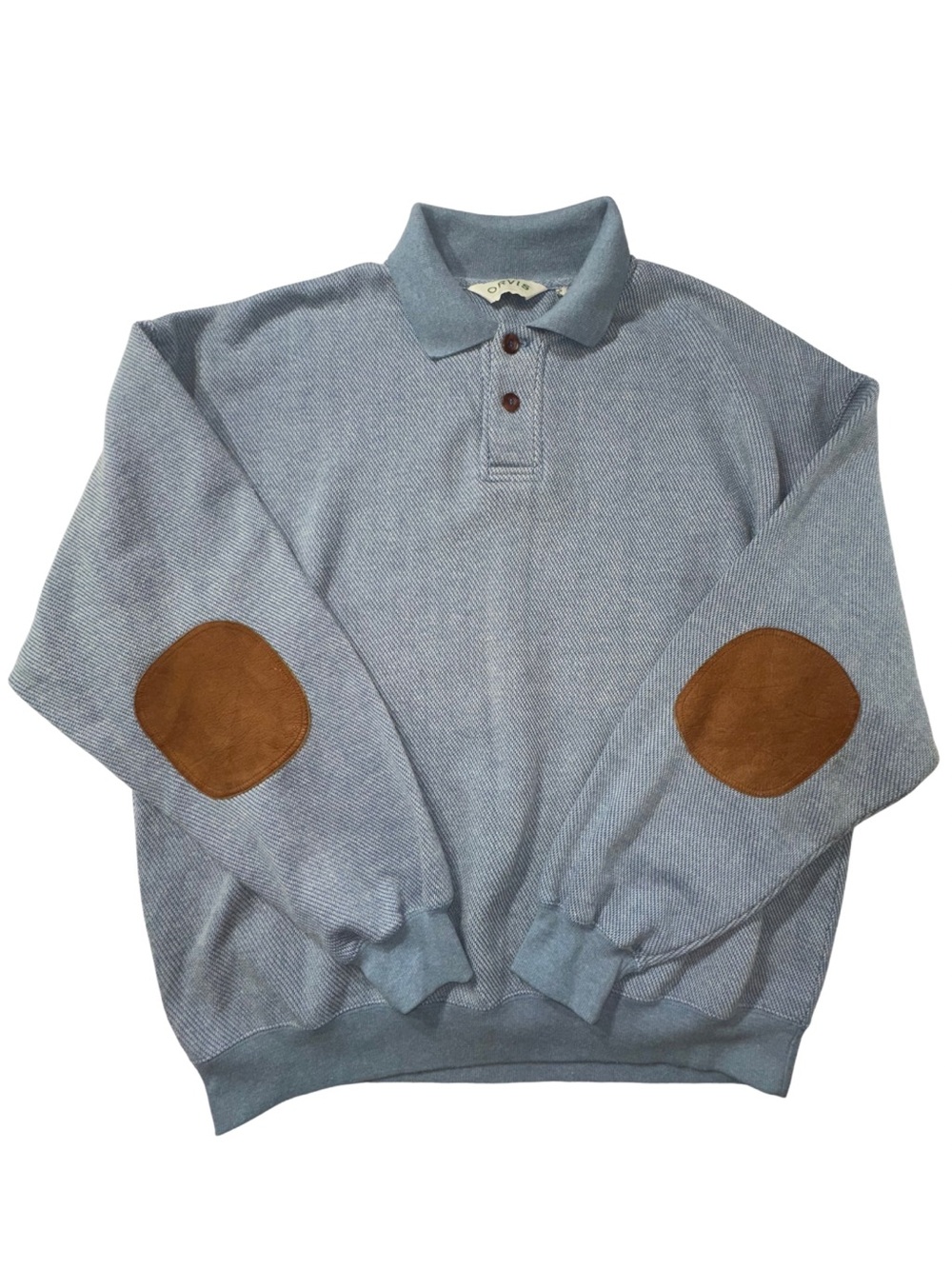 Orvis Men’s XL Light Blue Collared Pullover Sweatshirt Elbow Patches